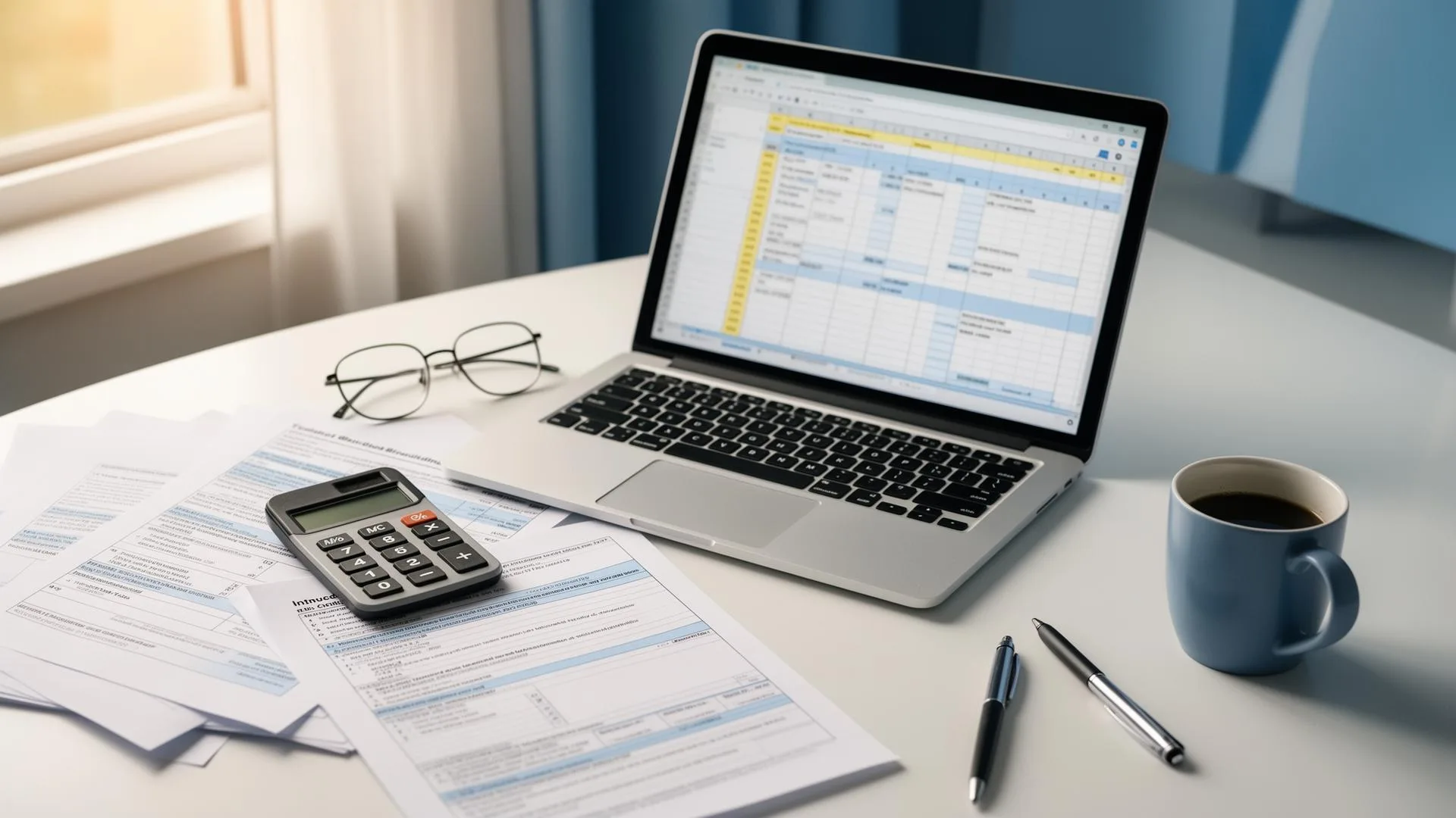 Tax preparation desk with laptop, calculator, and paperwork